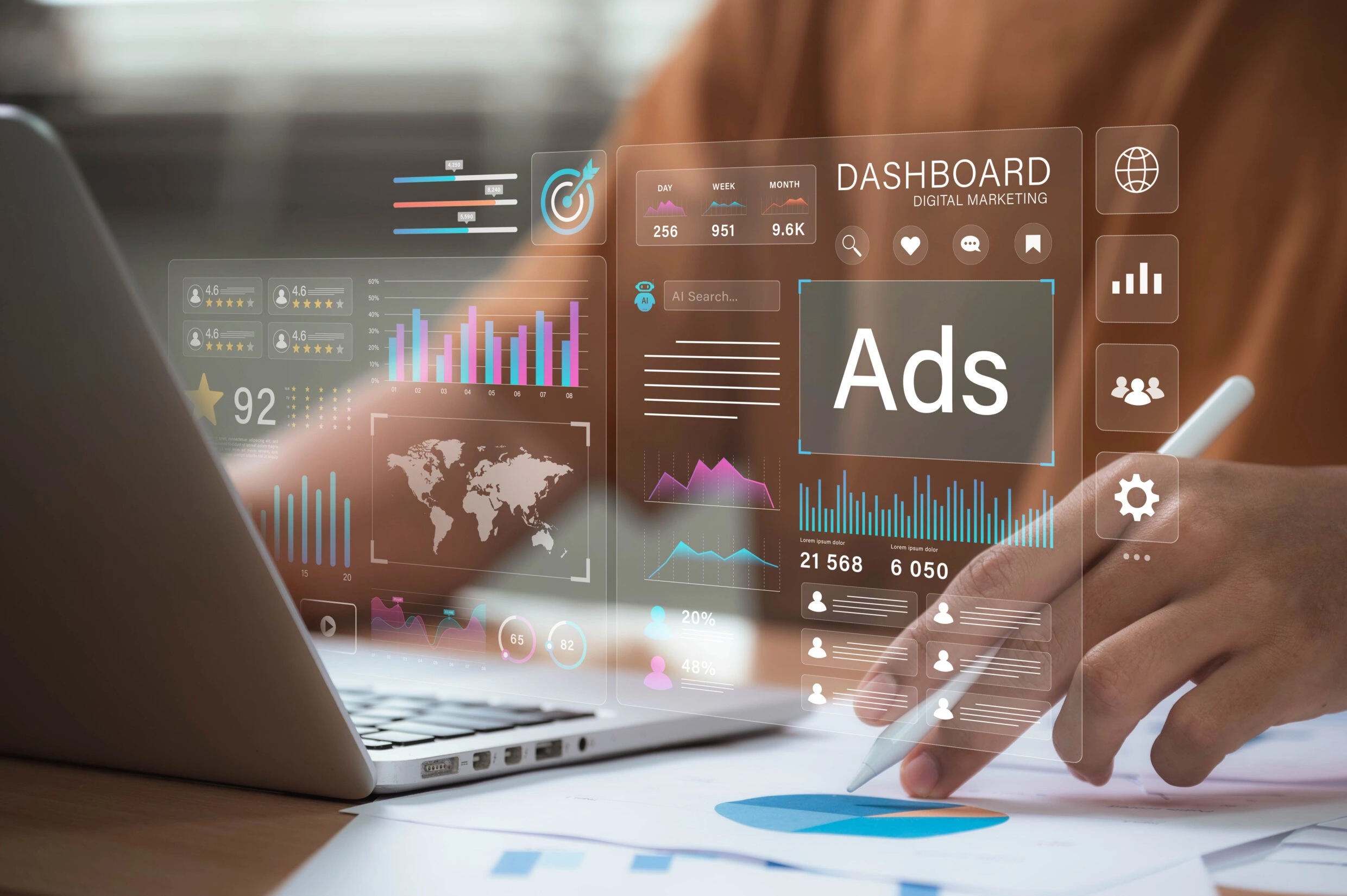 Digital marketing dashboard showing analytics and ads performance metrics on a laptop screen.