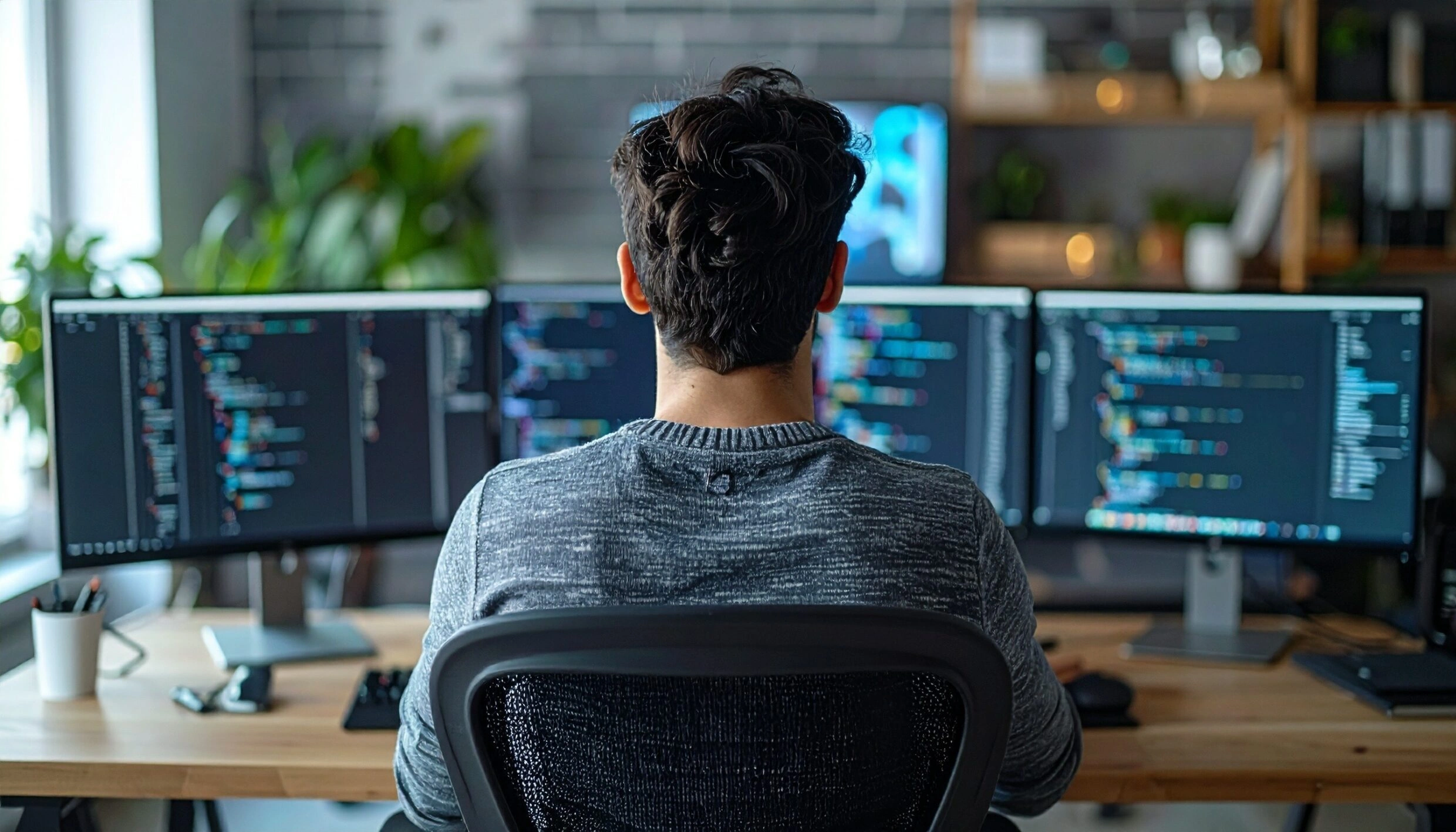 Programmer working remotely at home office using multiple computer monitors displays coding lines of code app development