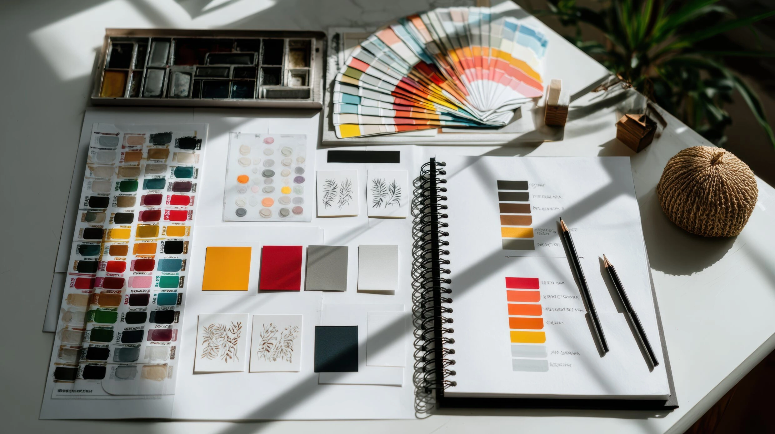 Top-down view of a creative branding workspace featuring packaging mockups, color swatches, moodboard, logo sketches, and business card prototypes