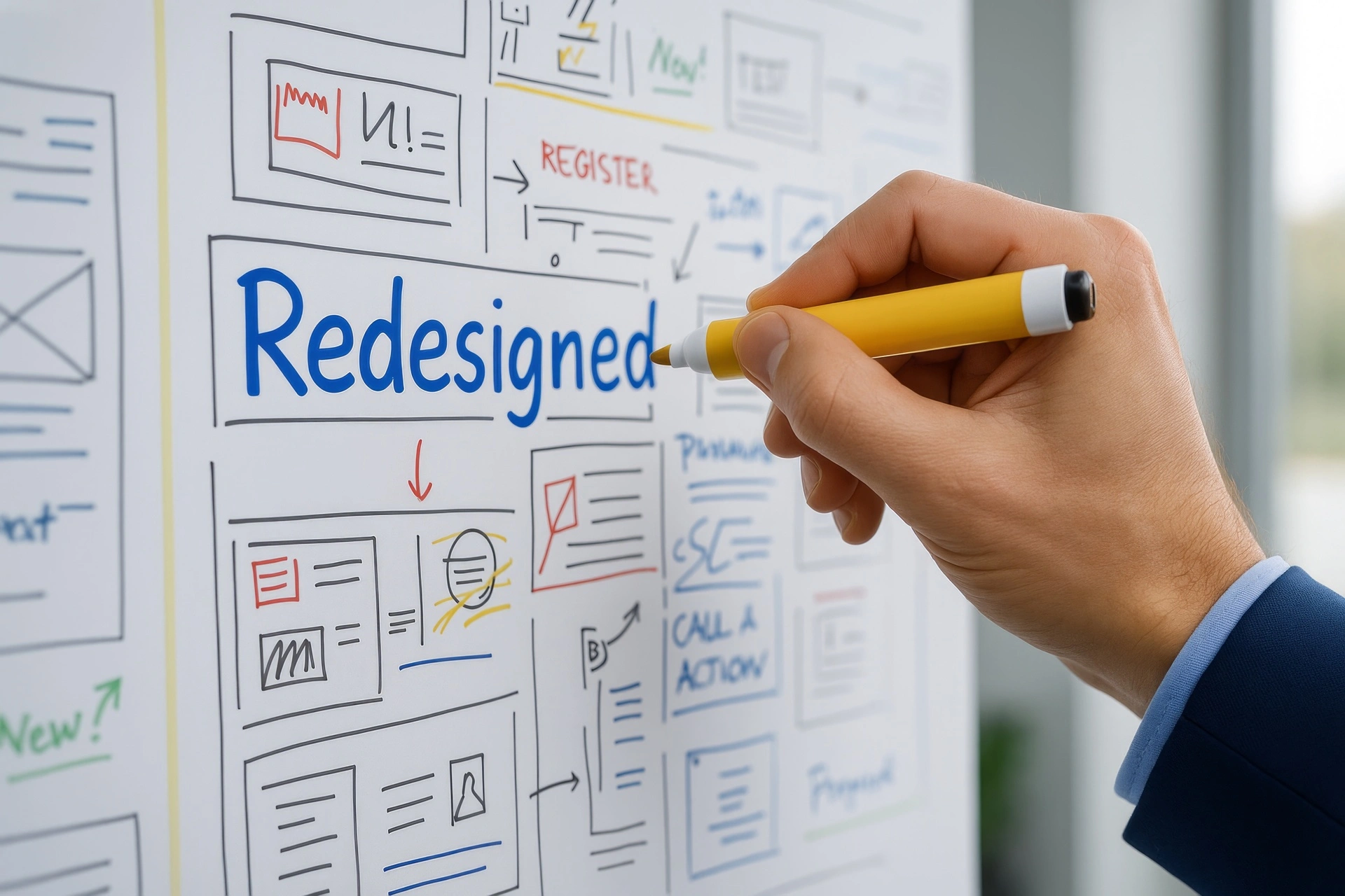 Designer sketching website redesign ideas and layout improvements on a whiteboard with interface wireframes