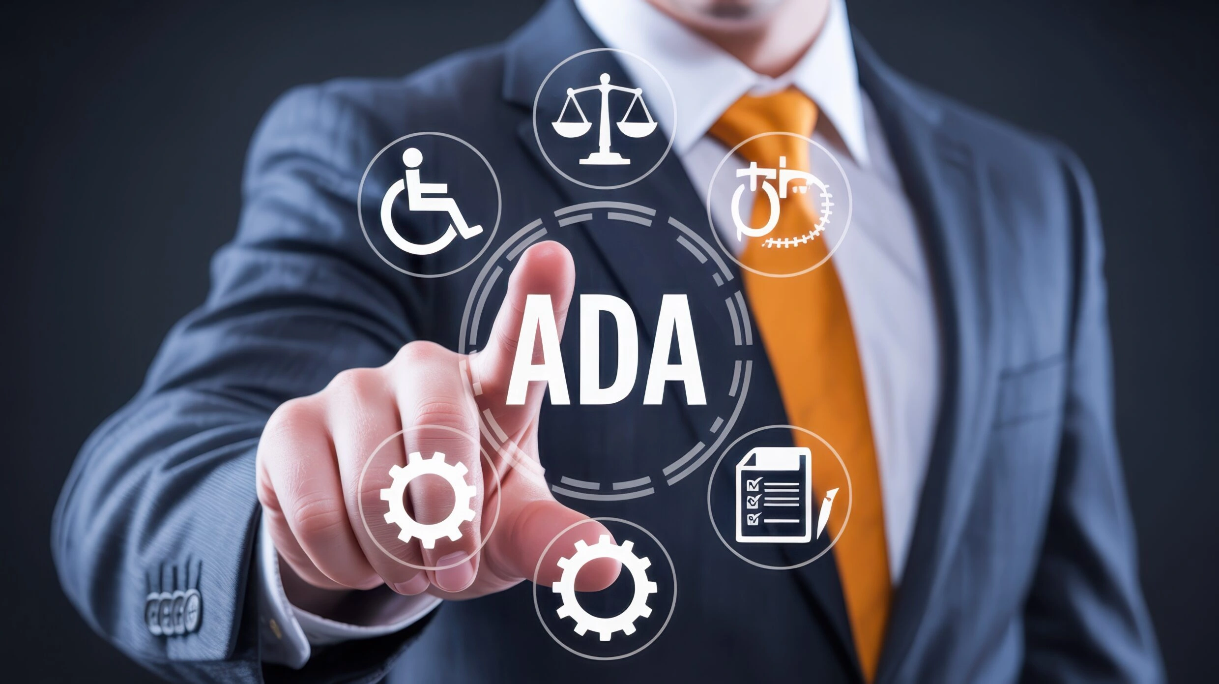 Business professional selecting ADA website compliance icons representing accessibility, legal standards, and web accessibility requirements