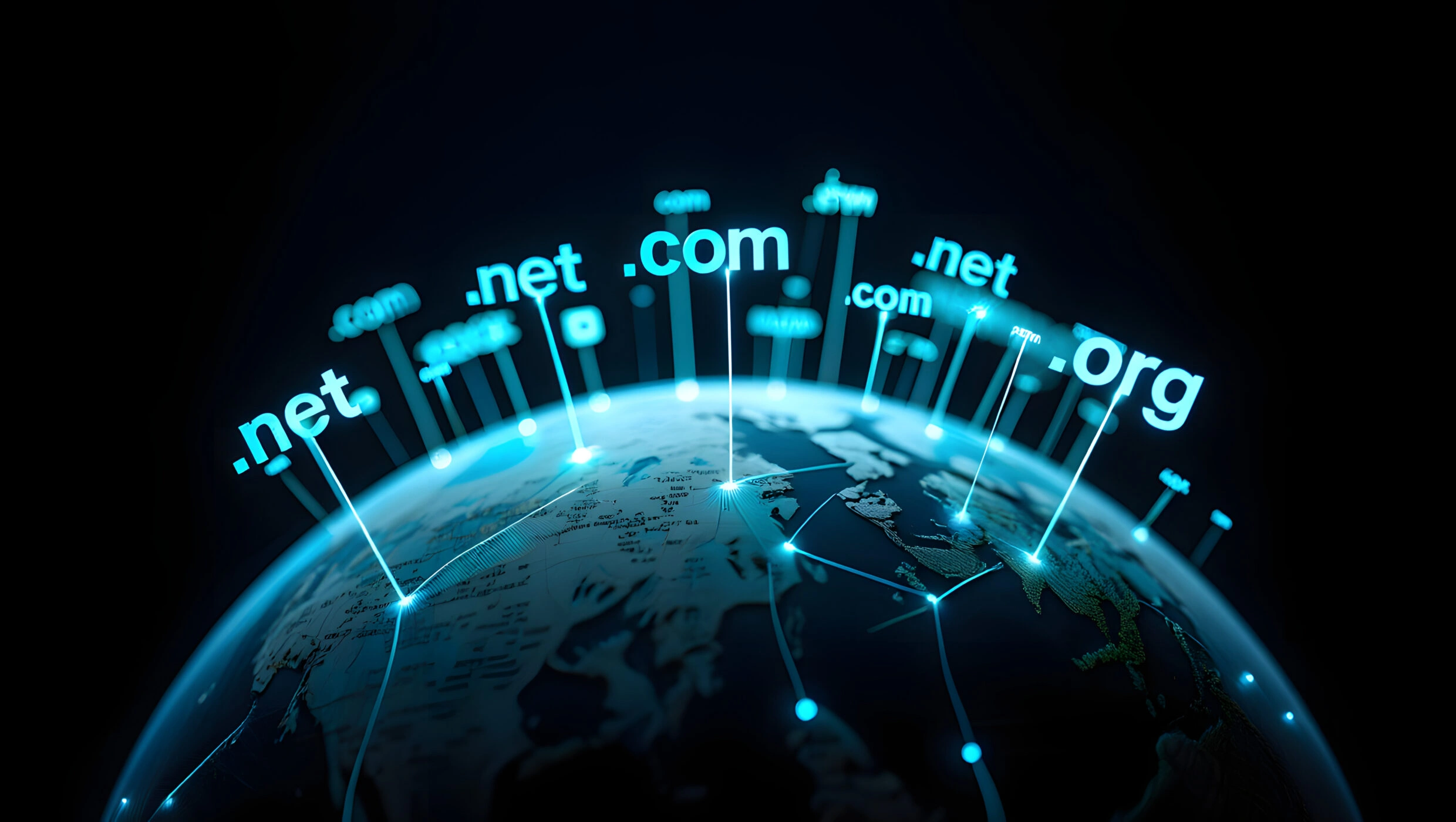 Digital illustration of a globe showing domain extensions like .com, .net, and .org representing global website domains.