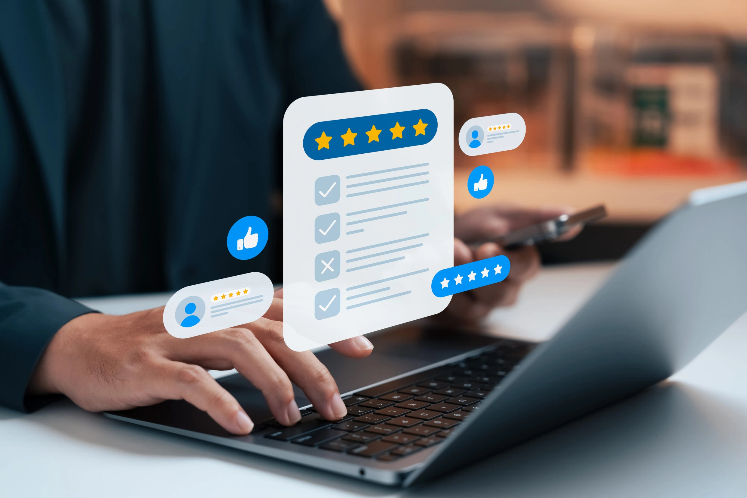 Customer reviews and ratings displayed on laptop screen