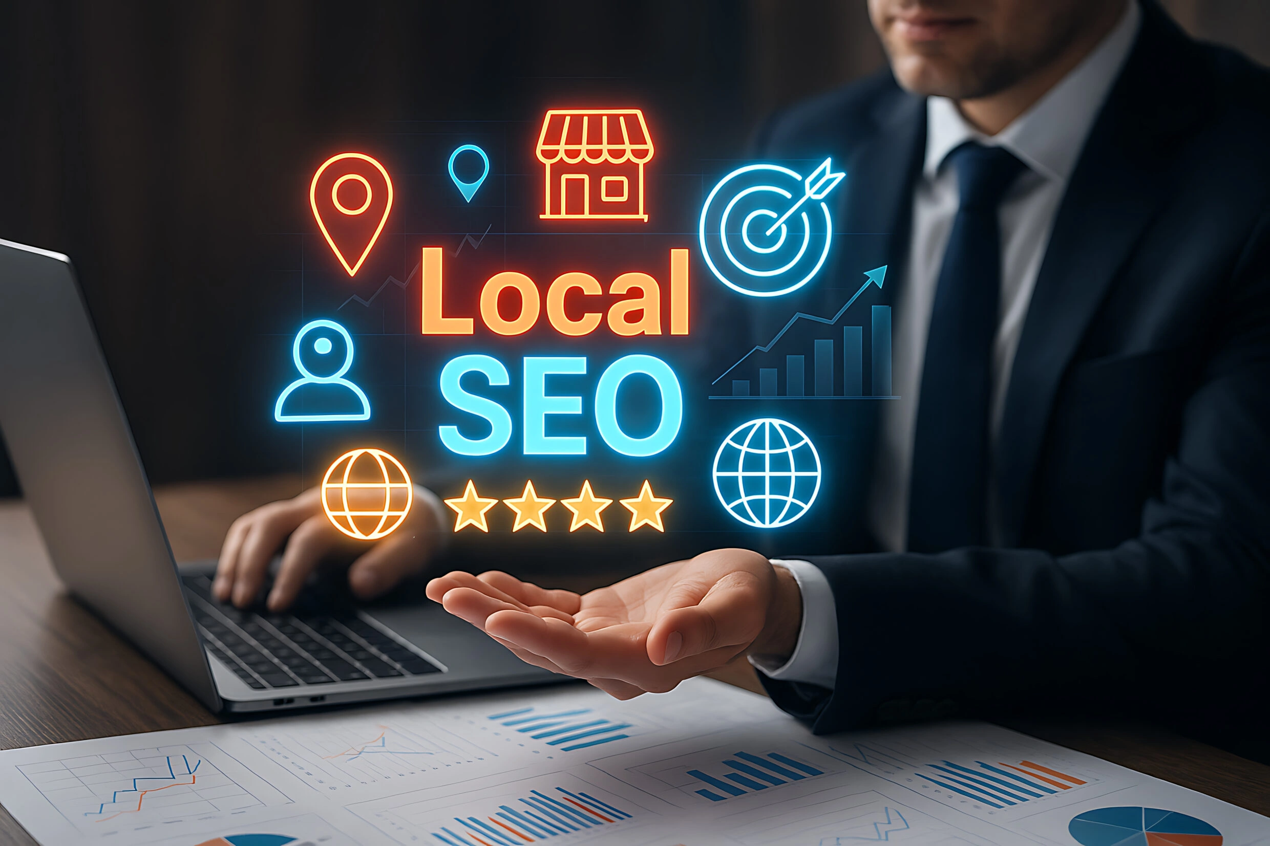Businessman working on laptop with Local SEO graphics