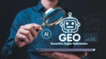 Person using magnifying glass over AI interface illustrating generative engine optimization and AI search visibility concepts