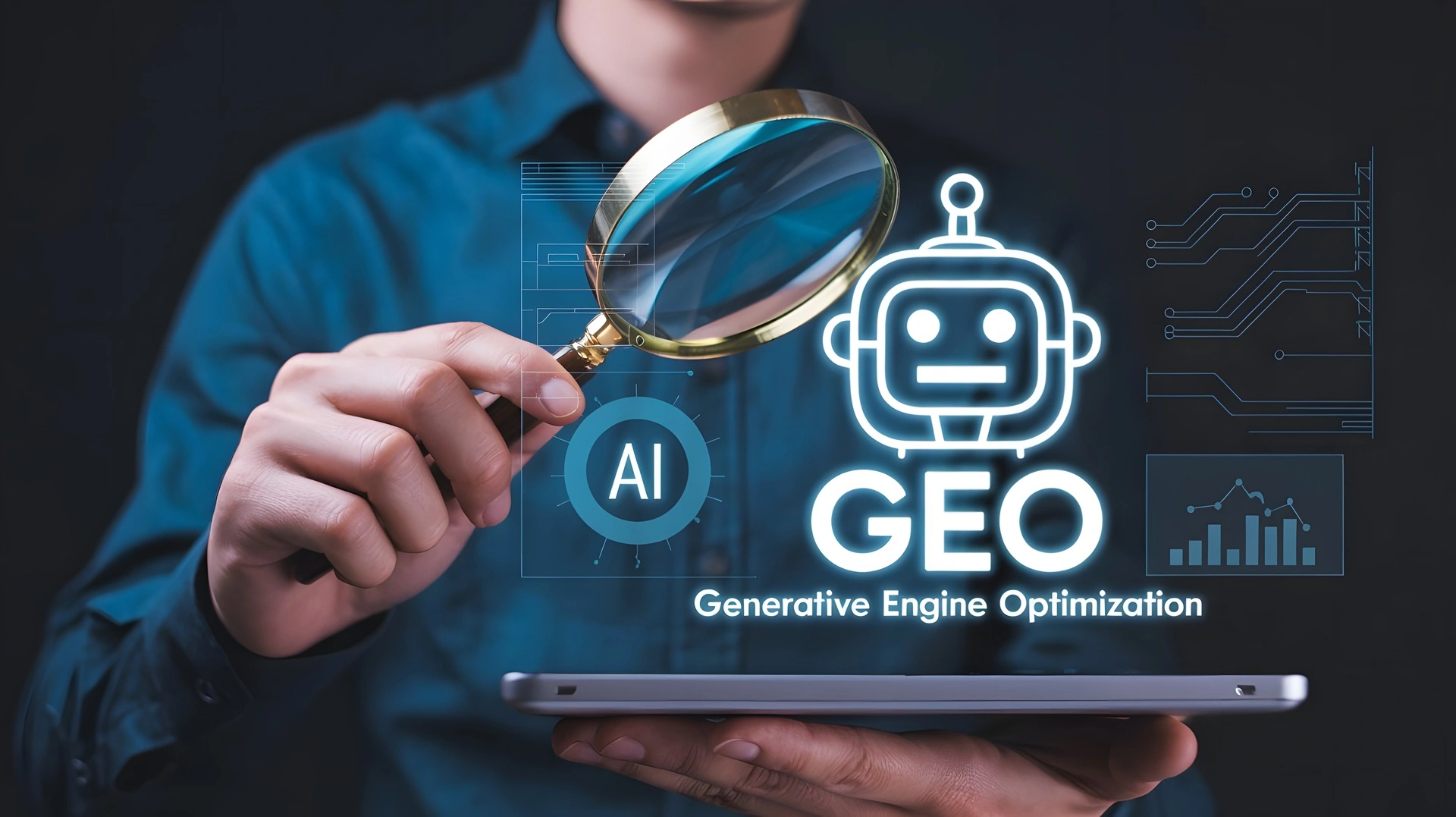 Person using magnifying glass over AI interface illustrating generative engine optimization and AI search visibility concepts