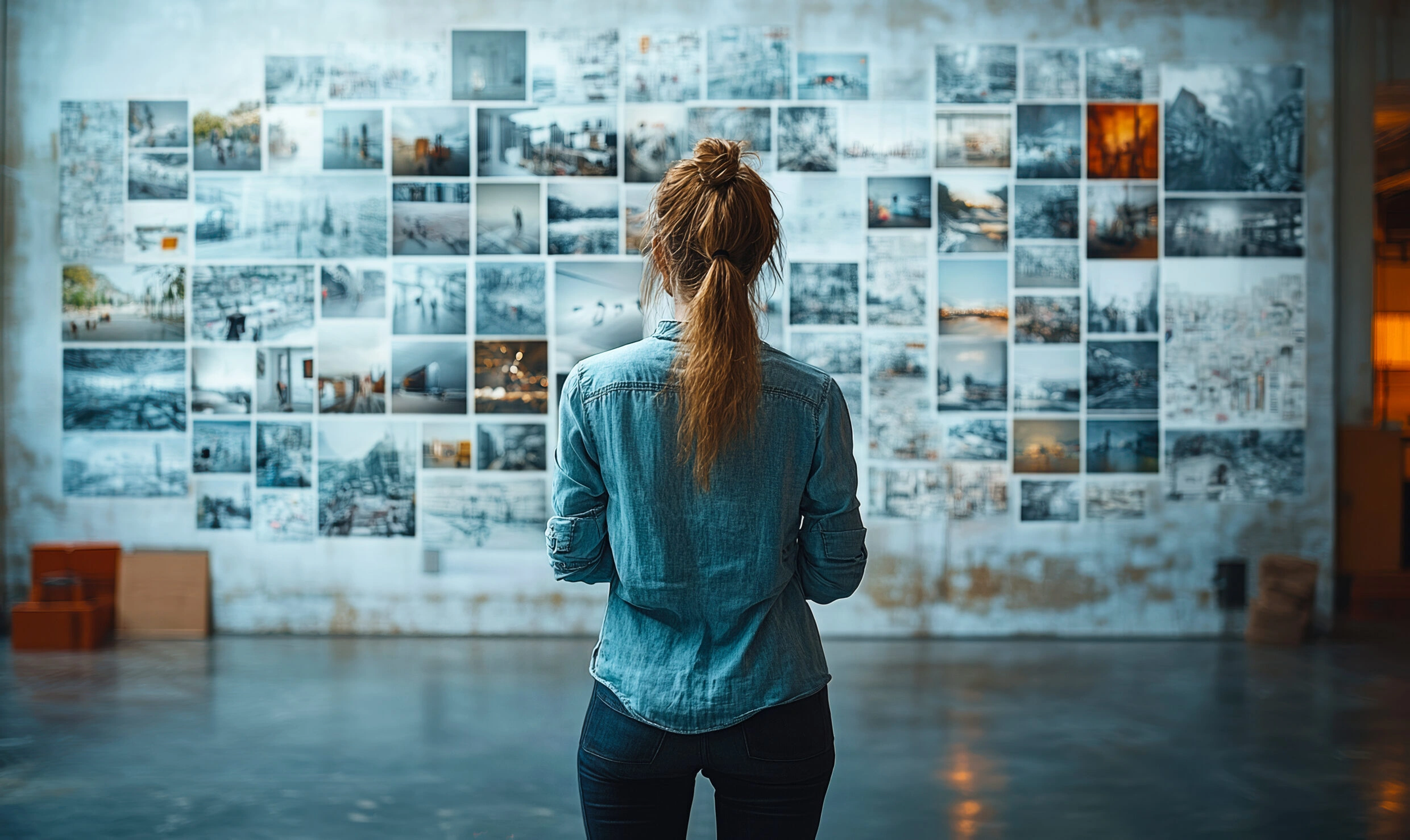 Person standing in front of a wall of images reviewing visual content as a concept for visual search and image recognition