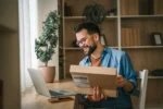 Ecommerce business owner holding a shipping box beside a laptop
