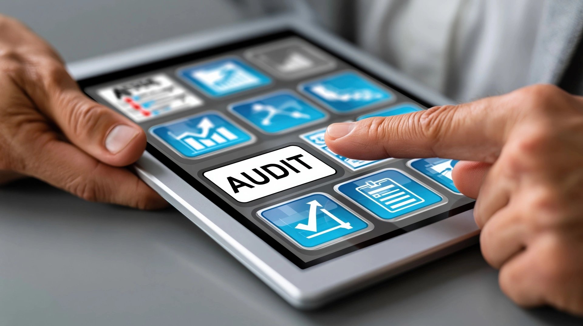 Hands using a tablet with audit icons, representing a mobile SEO audit, responsive design review, Core Web Vitals, usability, and mobile conversion testing.