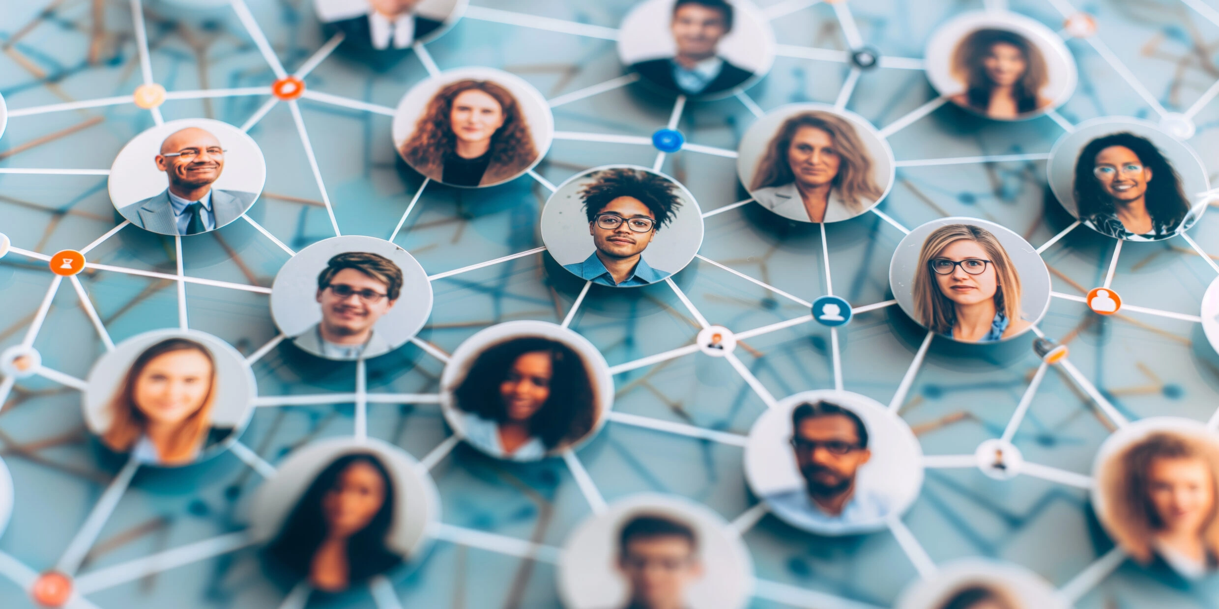 Visual representation of user personas connected in a network, illustrating audience segmentation, behavior patterns, and relationships used in UX design.