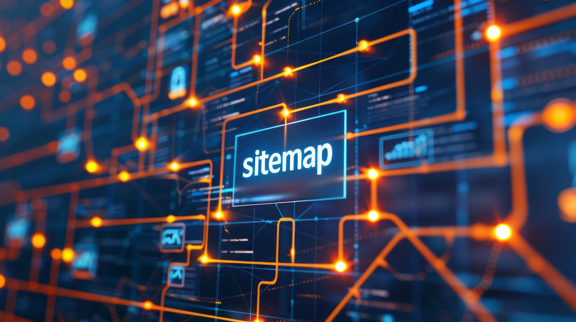 Digital sitemap graphic with connected website pathways, representing XML sitemaps, crawl discovery, technical SEO, and website structure.