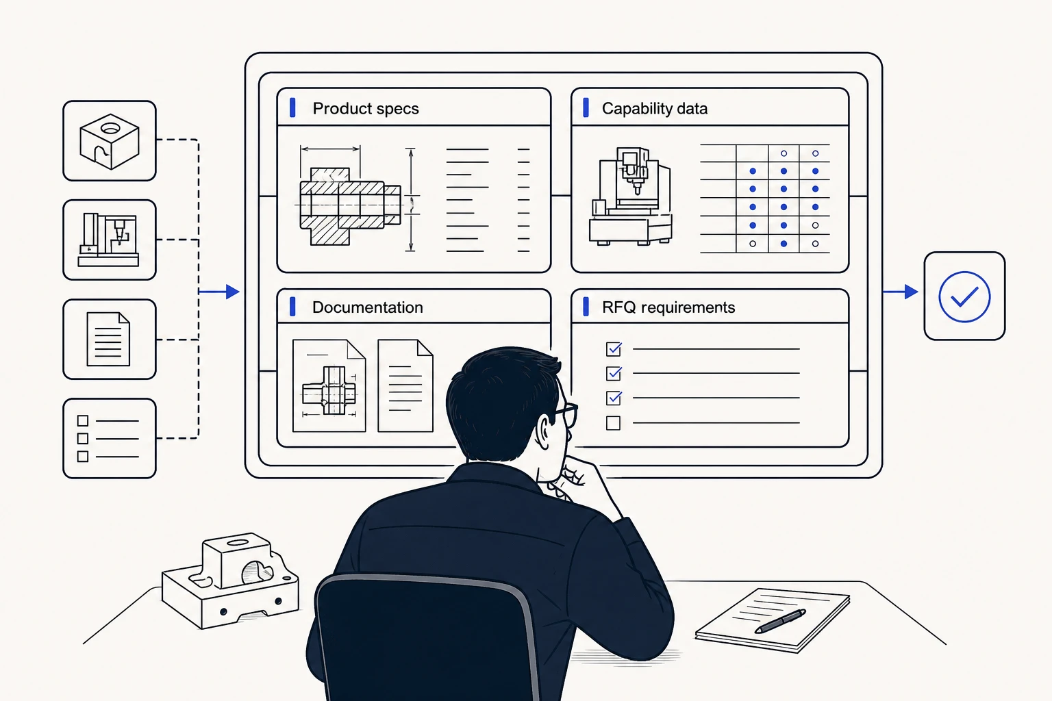 Industrial buyer comparing product specs, capability data, documentation, and RFQ requirements on one interface.
